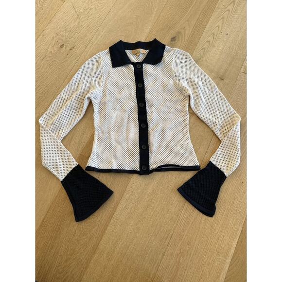 VRG GRL Perforated Knit Cardigan in Light Tan & Black - Picture 1 of 5